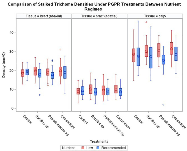 Comparisons of trichome densities by tissue and treatments under either recommended or low nutrients. No treatment had a statistically significant effect on enhancing trichome densities across cannabis inflorescence tissues under recommended nutrients, however two treatments had a statistically significant effect on enhancing trichome densities, one for Bacillus sp and one with consortium, under low nutrients. Horizontal bar within box indicates median value, circle within boxes indicates the mean. Vertical bars indicate data range. ‘o’ indicates outlier data points.