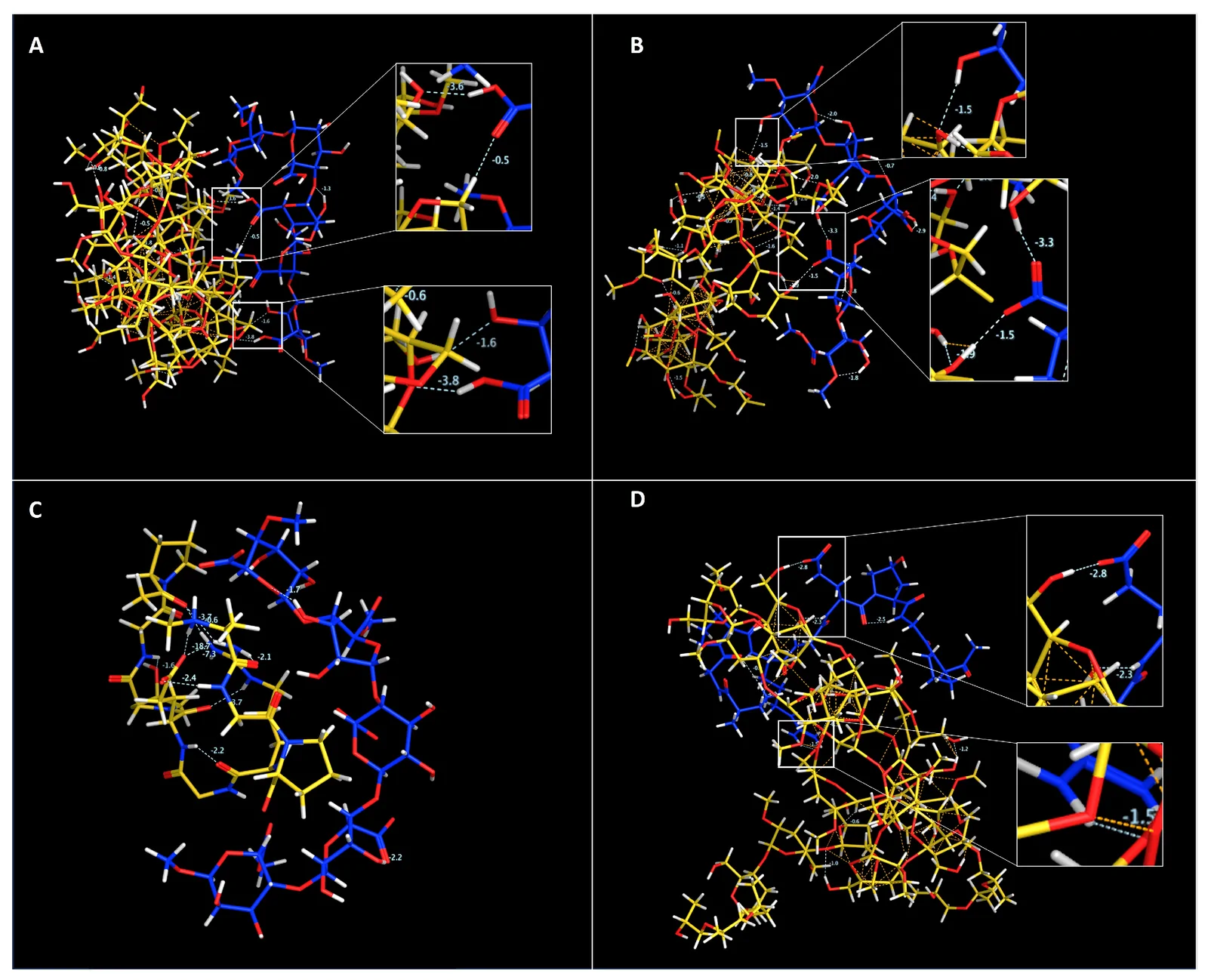 Molecular modelling of polymer pairs (Yellow—agar, HPMC and gelatine) (Blue—pectin and gelatine) 3D structures: (A)—agar–pectin, (B)—HPMC–pectin, (C)—gelatine–pectin and (D)—HPMC–gelatine systems. Oxygen and hydrogen atoms are shown in red and white, respectively.