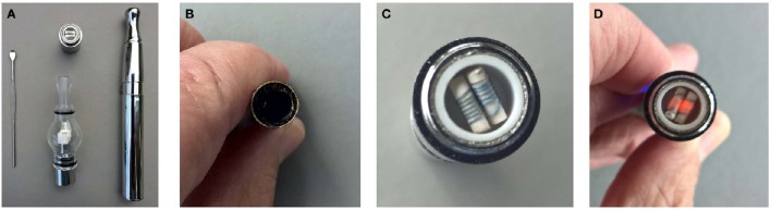 Demonstration of a “vape-pen.” (A) Vape-pen unit (B) “Wax” in unit (C) Unheated coil (D) Coil becomes red hot in seconds after actuation.