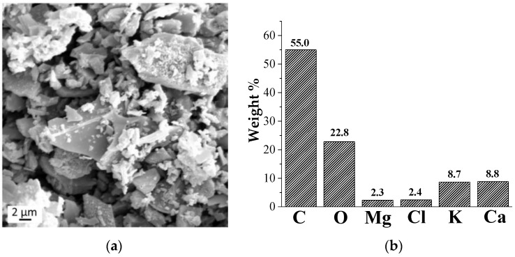 SEM micrograph (a) and EDX analysis (b) of the hemp hurd-derived biochar (HHB) at 1000 °C.