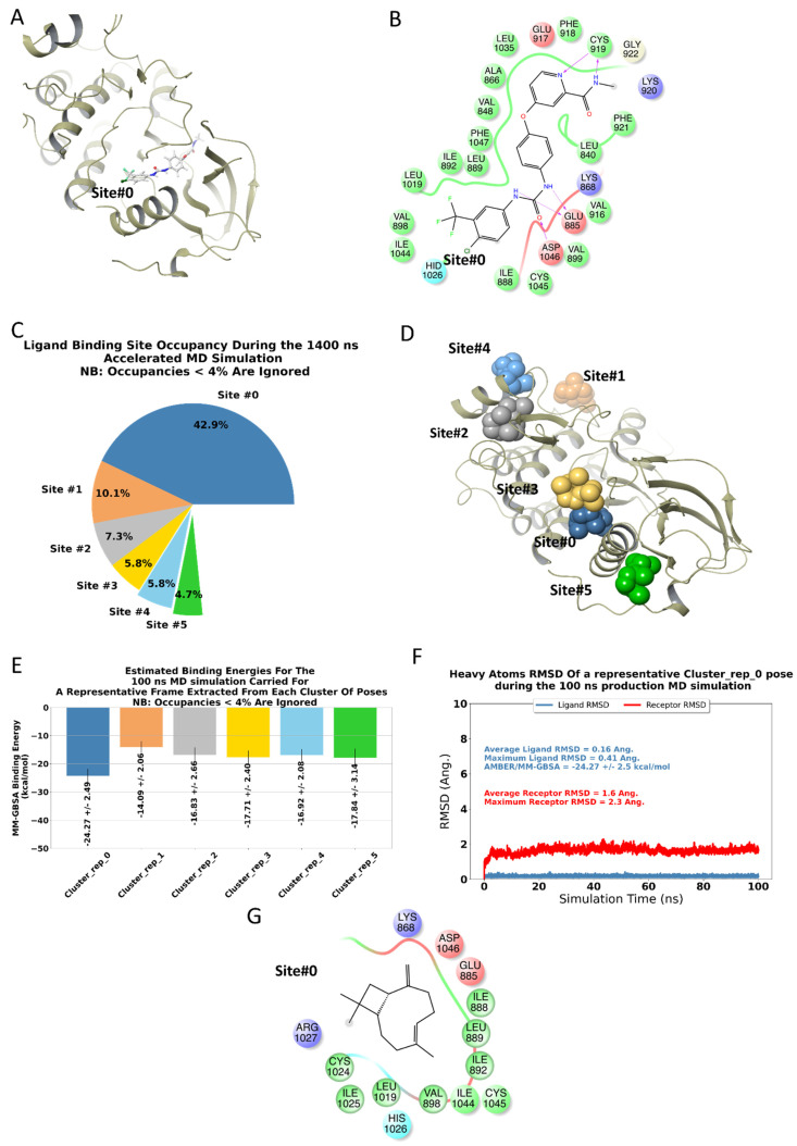 BCP has a binding site on the surface of VEGFR2 based on computational structural analysis: summary of the computational analyses performed in the current study. (A,B) represent the 3- & 2-dimensional ligand interaction diagrams, respectively, of the co-crystallized ligand, Sorafenib, with the kinase domain of VEGFR2 (PDB code: 3WZE). A pie chart representing potential BCP binding sites occupancies, obtained through clustering the full 1.4 μs accelerated MD trajectory (C). Representative conformations of BCP within these sites were given in figure (D) and color-coded using the same scheme displayed in the pie chart. Each of these representative conformations was subjected to 100 ns MD classical MD simulations, and the corresponding AMBER/MM-GBSA binding energy data was given in figure (E); again, with the same color codes of Figures (C,D). To enhance the clarity of the figures, we decided to depict the representative conformations and binding energies plots only for the top 6 clusters. Notably, Site#0 represents the most probable site of BCP, given the high fractional binding site occupancy and the better binding affinity compared to other sites. The RMSD plots presented in Figure (F) of the classical trajectory of BCP bound to Site#0 show stable trajectories for the ligand, and the receptor, a 2D ligand interaction diagram of BCP within Site#0 was given in Figure (G).
