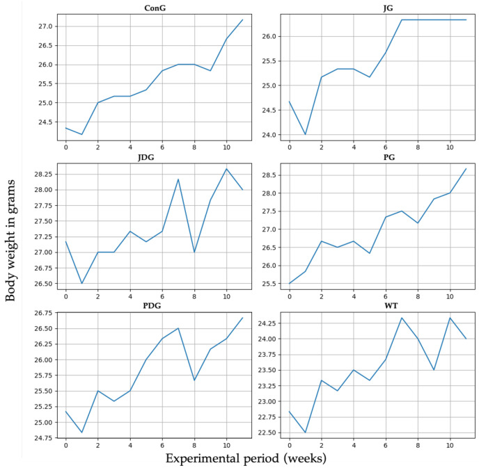 Effect of the CB2 receptor agonist JWH-133 and Cannabixir® Medium Flos on weight gain. Throughout the 12-week treatment period, the body weight of all animals in each group was measured weekly. The groups were designated as follows: ConG: control group; JG: JWH-133 group; JDG: JWH-133 + donepezil group; PG: Cannabixir® Medium Flos group; PDG: Cannabixir® Medium Flos + donepezil group; WT: vehicle group. The substances were administered via gavage at a volume of 0.5 mL/100 g of body weight as follows: JWH-133 at a dose of 0.2 mg/kg, Cannabixir® Medium Flos at a dose of 2.5 mg/kg, donepezil at a dosage of 0.65 mg/kg, and a 0.1% aqueous suspension of CMC-Na used as a vehicle.