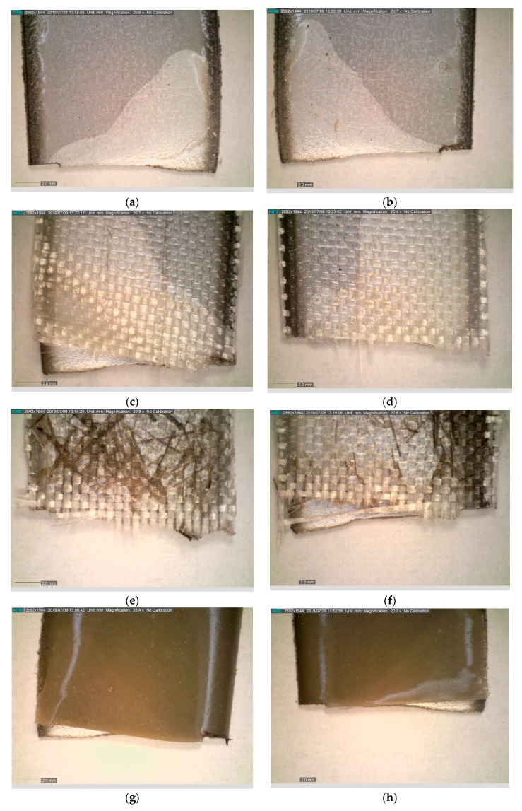 Images of the fracture area after fatigue test for samples: (a,b) EP; (c,d) EP_GF; (e,f) EP_GF_HF; (g,h) EP_PUA; (i,j) EP_GF_PUA.