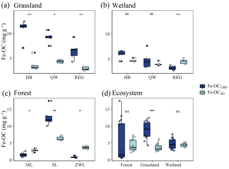 Differences in Fe-OC content extracted by the CBD and SD methods at three sample sites in grassland ecosystems, wetland ecosystems, and forest ecosystems, and among the three ecosystems. HB: the Haibei sample site, QW: the Quanwan sample site, REG: the Ruorgui sample site, ML: the Meiling sample site, SL: the Sui ling sample site, and ZWL: the Ziwuling sample site. “*” indicates significant differences at p < 0.05, “**” indicates significant differences at p < 0.01, and “***” indicates significant differences at p < 0.001, “ns” indicates no significant difference between. Fe-OC: the iron-bound organic carbon content. The dark blue bar represents the Fe-OC determined by the citrate-bicarbonate-dithionite (CBD) method (Fe-OCCBD) and the light blue bar represents the Fe-OC determined by the sulfate-dithionite (SD) method (Fe-OCSD).