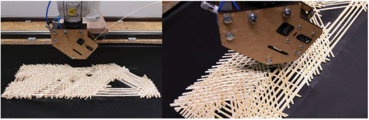 Robotic fiber laying process with processed willow strips from the research project TETHOK—Textile Tectonics for Wood Construction, University of Kassel.