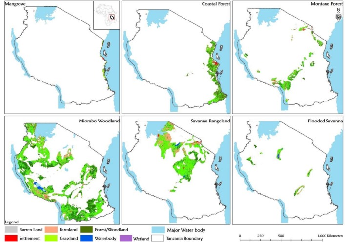 The extent of LULC patch types across OPAN areas in six terrestrial ecosystems in Tanzania.