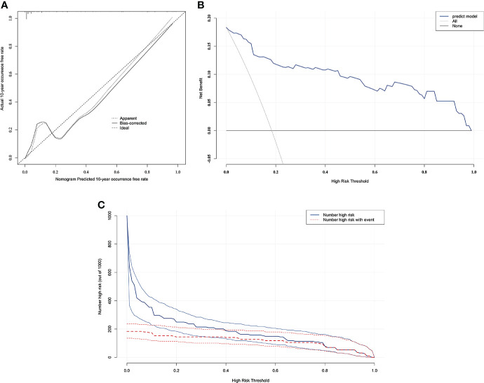The calibration curve and results of the DCA and the CIC analysis of the nomogram in the validation cohort. (A) Calibration curves represent the difference between the actual prediction and the ideal perfect prediction (45◦ line). (B) The DCA curve of the nomogram for predicting ABP. It revealed that the nomogram could obtain a greater net benefit than either the “treat all” or the “treat none” strategy. (C) The CIC curve of the nomogram for predicting ABP. The solid blue line (Number high risk) represents the number of ABP patients predicted using the nomogram at each threshold probability; the dotted red line (number high risk with event) represents the number of true-positive ABP patients at each threshold probability.