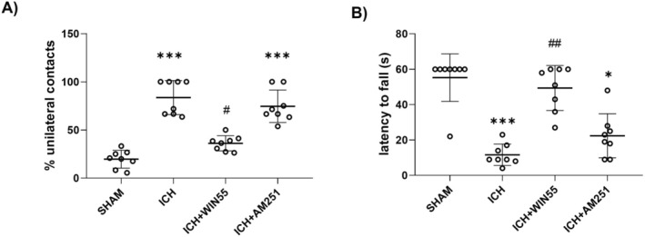 Motor activity recovery in animals after ICH and treated with WIN55 or AM251. (A) Cylinder test. (B) Inverted grid test (n = 8). Results were expressed as means ± standard deviation *p < 0.05, ***p < 0.001 vs. the SHAM; # < 0.05, ##p < 0.01 vs. the ICH group.