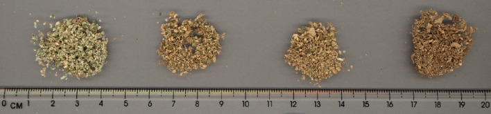 Demonstration of the effects of vaporization of cannabis flower material at different temperatures employing the Volcano Digit Vaporizer (Left to Right): Unheated dried cannabis, Post-vaporization at 175°C, Post-vaporization at 195°C, Post-vaporization at 230°C.