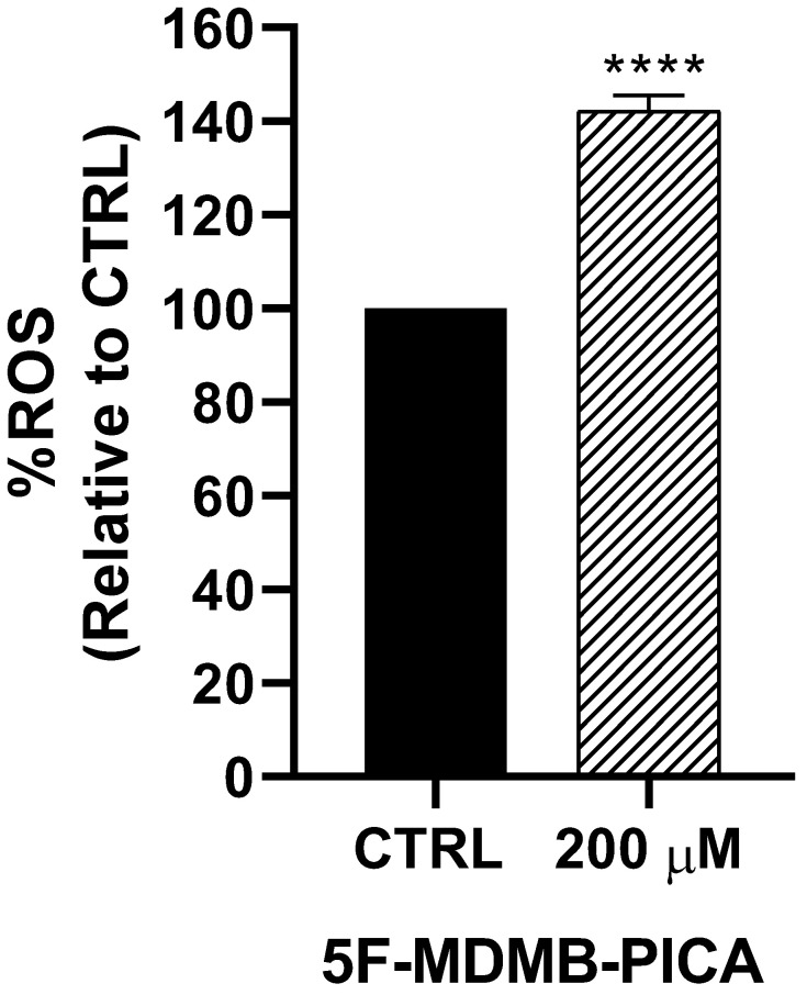 Effects of 5F-MDMB-PICA on the production of reactive oxygen species in U87-MG cells. Cells were treated with 200 µM 5F-MDMB-PICA for 4 h. ROS generation was evaluated using the DCFDA assay at excitation and emission wavelengths of 485 and 535 nm, respectively. Data are shown as the mean ± SEM. **** P < 0.0001