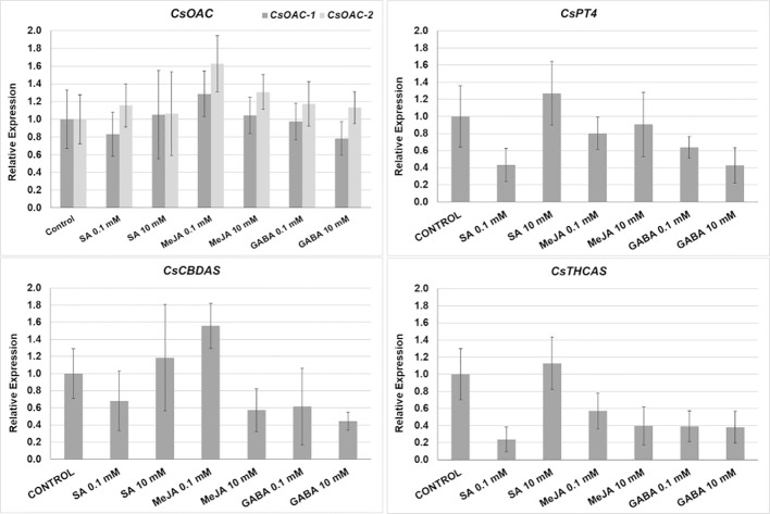 Relative expression (fold change) of cannabinoid biosynthesis pathway in plants subjected to different treatments: CsAOC-1, and CsAOC-2, olivetolic acid cyclases -1 and -2; CsPT4, prenyltransferase-4; CsCBDAS and CsTHCAS, cannabidiolic acid, and Δ9-tetrahydrocannabinolic acid synthase, respectively. Mean ± standard error is represented. Asterisks indicate significant differences with control plants (one-way ANOVA test, followed by two-tailed Dunnett’s test, p < 0.1).