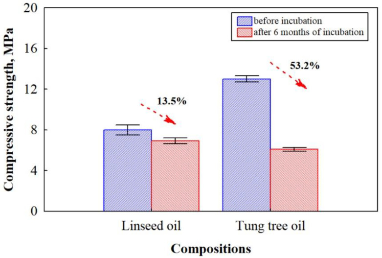 Compressive strength of biocomposites based on HS and CS and impregnated with different oils before and after 6 months of incubation.