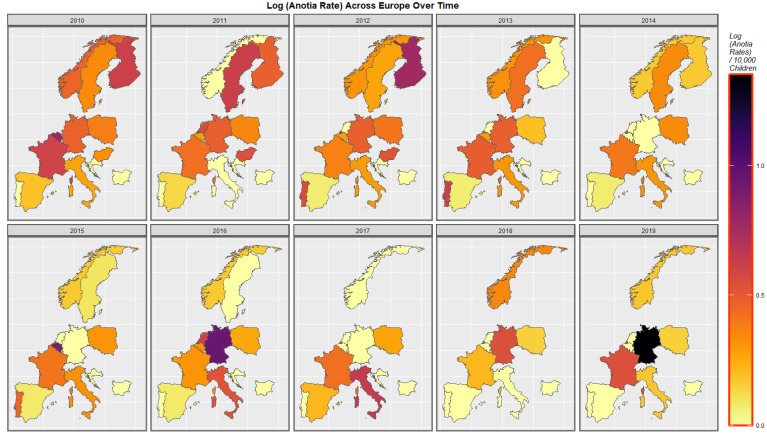Log Anotia Rate Over Time. Caption: Sequential map-graphs of the log (anotia/microtia rates) across the surveyed European nations over time 2010–2019.