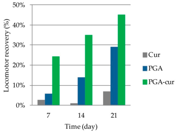 The effect of palmitoyl-glucosamine (PGA) and curcumin (Cur) given individually or in a co-micronized formulation (PGA-Cur) on locomotor recovery.
