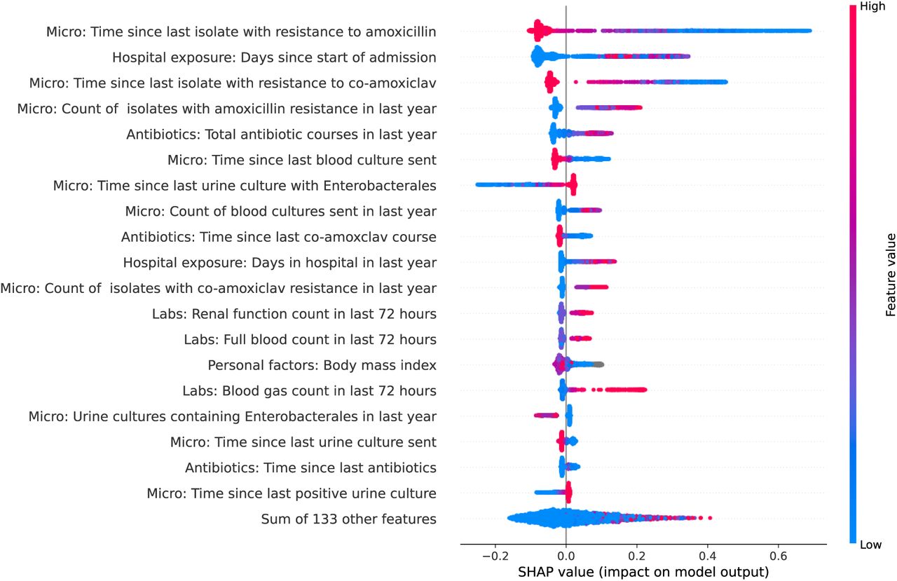 SHAP (SHapley Additive exPlanations) plot showing feature importance and impacts on model output for predicting amoxicillin resistance at blood culture sampling.Positive values on the x-axis indicate contributions towards predicting resistance, and negative values contributions towards predicting susceptibility. Absolute x-axis values reflect the relative importance or contribution of the feature in making a prediction. Colour indicates the value of the feature, red dots indicate higher values and blue dot lower values. For example, the shorter the time since the last isolate with resistance to amoxicillin the more likely a prediction of resistance. See Figures S1-S6 for other antibiotics. Shorter times since the last urine culture with Enterobacterales were associated with predicting susceptibility, although this might seem surprising, it needs to be interpreted considering also having the time since a resistant isolate in the model, such that given that result, shorter times may represent evidence of a recent susceptible isolate.