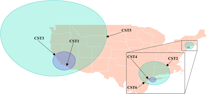 Locations of statistically significant space-time clusters of high levels of calls concerning cannabinoids identified using the spatial scan statistic with Bernoulli and space-time permutation models, based on data from dog-associated poisoning calls to the Animal Poison Control Center related to cannabinoids in the continental US (2005–2014).