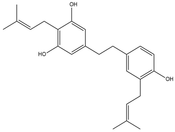 Structural diagram of α,α′-dihydro-3,4′,5-trihydroxy-4,5′-diisopentenylstilbene (MW 366.50).