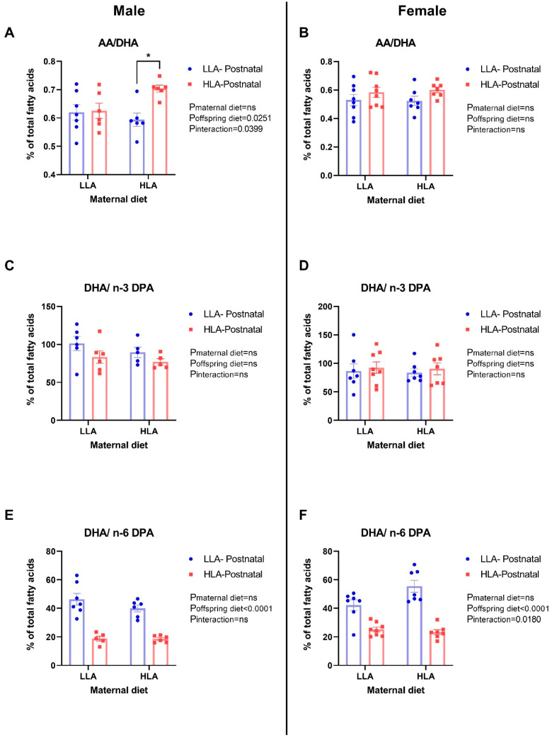 Effects of maternal and postnatal diets high in linoleic acid on arachidonic acid/docosahexaenoic acid (AA/DHA) (A,B), docosahexaenoic acid/n-3 docosapentaenoic acid (DHA/n-3 DPA) (C,D), and docosahexaenoic acid/n-6 docosapentaenoic acid (DHA/n-6 DPA) (E,F) in the brains of male (A,C,E) and female (B,D,F) offspring. Two-way ANOVA was performed with maternal diet and postnatal diet as two factors. LLA: low linoleic acid; HLA: high linoleic acid. Data are expressed as the mean ± standard error of the mean (SEM); ns = not significant; n = 6–8, * p < 0.05.