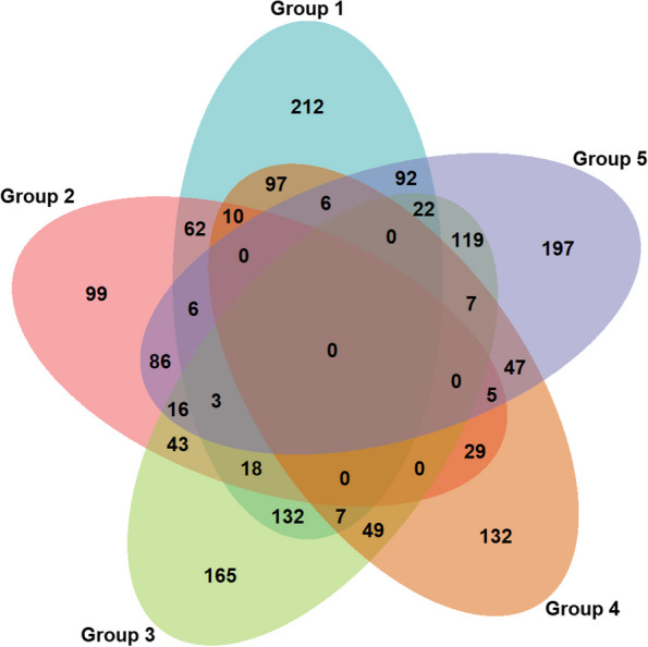 Venn diagram of group membership for latent class model. This Venn diagram depicts the number of individuals that fall within each latent class represented by different colored ovals. Overlapping segments of the ovals depict respondents who exhibit characteristics of one or more of the different latent groups