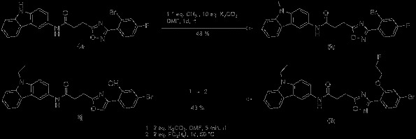 Two strategies to introduce fluorine into the molecule, allowing labelling with18F.