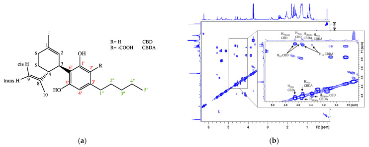 (a) Structure of CBD and CBDA reported together with atom numbering adopted; (b) 500 MHz 1H COSY spectrum; and (c) 1H-13C HMQC NMR spectrum of inflorescence ethanolic extract sample of Tiborszallasi, a variety dissolved in CDCl3 and recorded at 298K.