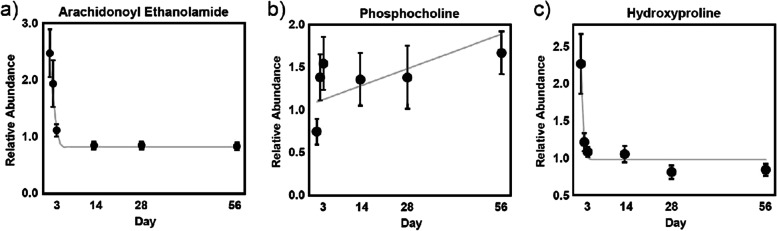 Relative abundance measurement plots over time in feces for representative metabolites in GI-related pathways, including the endocannabinoid arachidonoyl ethanolamide (A), with the gray line indicating a quadratic fit plateauing at Day 5; the phospholipid metabolic marker phosphocholine (B), with the gray line indicating a linear fit; and the collagen marker hydroxyproline (C), with the gray line indicating a quadratic fit plateauing at Day 4