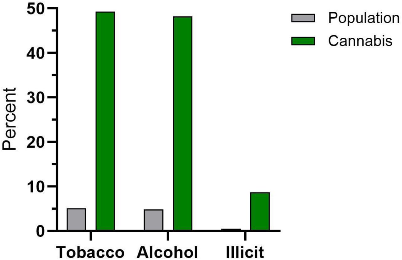 Increased prevalence of smoking tobacco (9.7 fold), drinking alcohol (9.8 fold), and illicit substance use (8.7 fold) among cannabis users, relative to the overall population, identified with natural language processing of electronic medical records among Geisinger patients seen between 2013 and 2022.