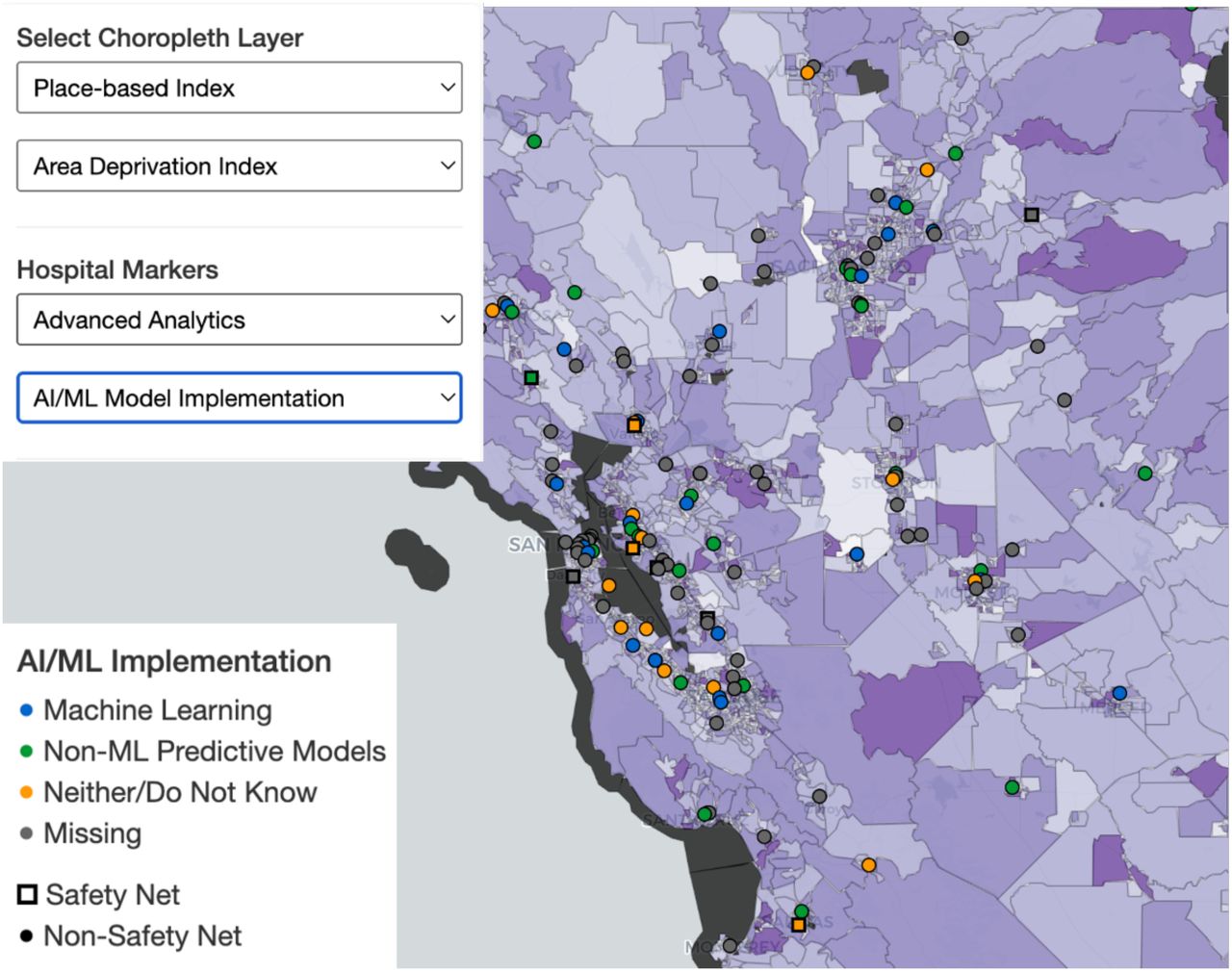 Conceptual Interactive Visualization of Hospital AI Implementation and Community ContextConceptual interactive map demonstrating how hospital AI implementation data could be integrated with community indicators to reveal spatial patterns not apparent when examining datasets independently.This mockup shows the San Francisco Bay Area using simulated data and does not represent real hospital or community characteristics. Hospitals are categorized by AI/ML implementation status: Machine Learning (blue circles), Non-ML Predictive Models (green circles), Neither/Do Not Know (orange circles), and Missing data (gray circles). Safety net status is indicated by square markers (Safety Net) versus circular markers (Non-Safety Net). The interface allows users to select different hospital characteristics informations from dropdown menus (shown: AI/ML Model Implementation) and toggle between community indices in the choropleth layer (shown: Area Deprivation Index) to examine relationships between various hospital attributes and community characteristics. This type of integrated visualization framework could be expanded into comprehensive interactive tools that allow stakeholders to dynamically explore relationships between multiple hospital characteristics and various community contexts, helping researchers and policymakers better understand the multifaceted nature of AI adoption by examining institutional capacity alongside community needs.