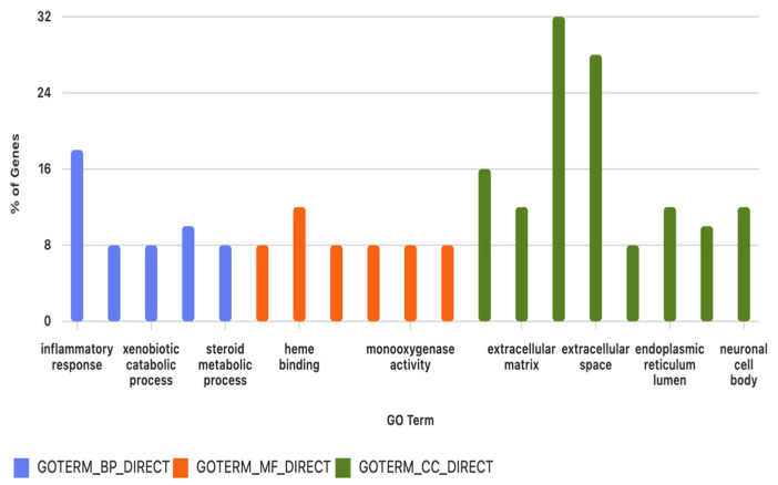 GO enrichment analysis of DEGs. Bar plot showing the most significantly enriched GO among the 51 DEGs. Bar height reflects the percentage of associated genes, and bar colour indicates GO category (BP, MF, or CC). Enriched terms relate mainly to inflammatory response, extracellular matrix organization, xenobiotic metabolism, oxidoreductase activity, and extracellular region components, highlighting key pathways altered in DT-G1 meningiomas. (GO: Gene Ontology; BP: Biological process; MF: Molecular function; CC: Cellular component).
