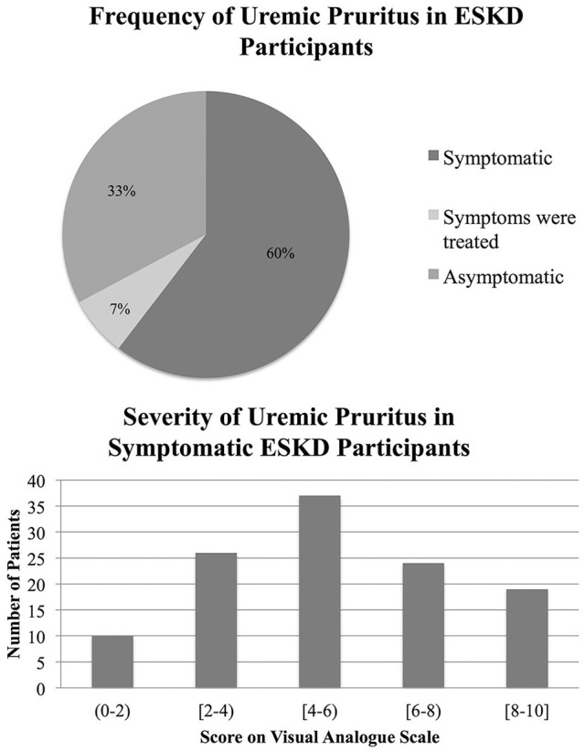Frequency and severity of uremic pruritus in dialysis patients were assessed.Note. Only currently symptomatic patients were included when calculating severity. ESKD = end-stage kidney disease.