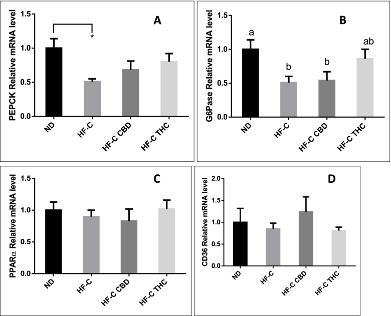 Effect of THC or CBD treatment on RNA expression of carbohydrate and lipid metabolism-related genes in mice fed HFCD. Male C57BL/6J mice aged 7–8 weeks were fed either normal diet (ND, n = 8), high fat + 1%(w/w) cholesterol + 0.5%(w/w) cholate diet (HF-C, n = 8), HFCD containing CBD (2.39 mg/kg) (HF-C CBD, n = 8), 4), HFCD containing THC (2.5 mg/kg) (HF-C THC, n = 8). At the conclusion of the experiment, RNA was isolated from harvested livers and gene levels quantified using qPCR. Values are expressed as mean of relative expression compared to ND ± SEM. Values marked with different letters are significantly different (p < 0.05) in the Tukey–Kramer test