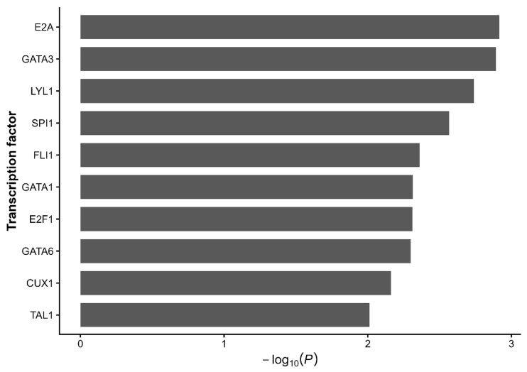 Top transcription factor annotations identified by ChEA 2022 analysis. The 28-gene SCI–ECS immune panel was submitted to the ChEA 2022 database via Enrichr to identify putative upstream transcriptional regulators. Bars represent enrichment significance expressed as −log10(nominal p value). E2A, GATA3, LYL1, SPI1, and FLI1 were among the highest-ranked transcription factor annotations. Although several TFs showed nominal enrichment, none remained significant after multiple-testing correction (adjusted p value > 0.05).