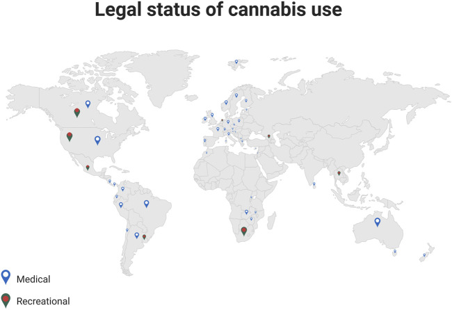 Legal status of cannabis use. The illustration provides information on a worldwide scale, regarding the current regulations for prescribing medical cannabis, and for the recreational use (Adapted from Bio Render).