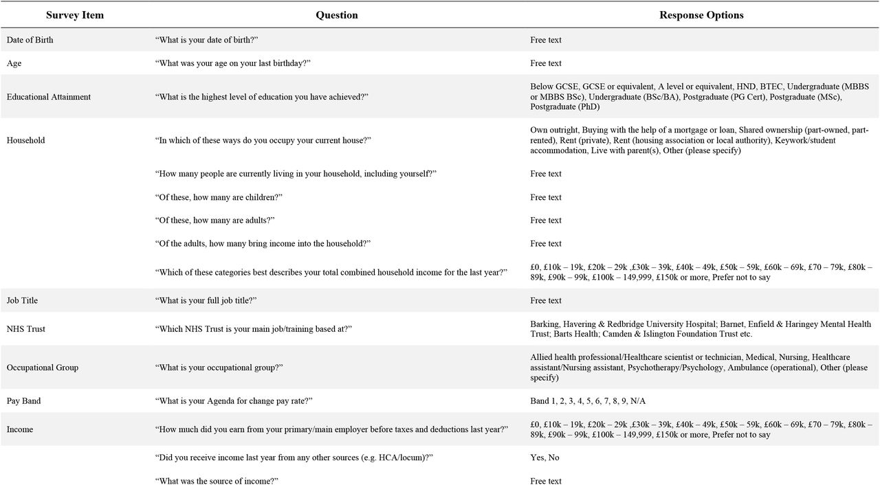 Summary of sociodemographic survey items