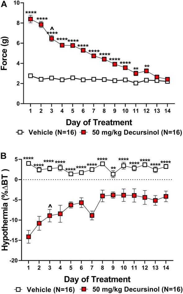 Development of tolerance to the anti-allodynic and hypothermic effects of once-daily administration of 50 mg/kg decursinol in neuropathic mice. Tolerance to the anti-allodynic (A) and hypothermic (B) effects of decursinol in neuropathic mice was assessed 30 min following once-daily administration of either vehicle (open squares; N = 16) or 50 mg/kg of decursinol (filled squares; N = 16). Mice were assessed for the amount of force (in grams) required to elicit a paw withdrawal response (30 min) and body temperature (40 min) following treatment with either decursinol (DOH; 50 mg/kg) or vehicle (VEH). Error bars represents the mean ± SEM. Each moue was tested in triplicate and those values averaged into a single value per mouse per day of treatment. Data were analyzed using a two-way ANOVA with Bonferroni post-hoc tests (*p < 0.05, **p < 0.01, ***p < 0.001, ****p < 0.0001; ^p < 0.05 compared to Day 1 of DOH treatment indicative of the first day of partial tolerance development).
