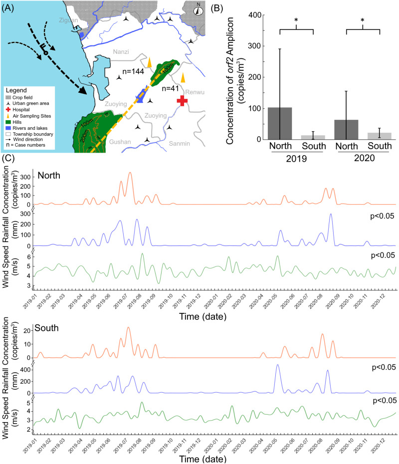 Hypothesis and distribution of specific orf2 amplicons, rainfall, and wind speed in the north and south of the hills.It is hypothesized that B. pseudomallei-contaminated aerosols were generated from farming soils in the north to northwestern region and transported southward to the hotspot during typhoon events, with the hills (green) acting as a barrier that interrupted further dissemination. Panel (A) illustrates the wind direction (black wind barbs indicated) during the typhoon period and the melioidosis cases (n) occurring in the north and south of the hills. The dotted line indicates the highest points of the two hills. The triangles (yellow) indicate the air sampling sites. Panel (B) shows the average detectable concentrations of B. pseudomallei-specific orf2 amplicons (copies/m3) in the north and south of the hills from 2019 to 2020. An asterisk (*) indicates statistical significance (p < 0.05). Panel (C) presents the daily average concentrations of the specific DNA (copies/m3), rainfall (mm), and wind speed (m/sec) are shown (C), with significance correlations (p < 0.05) observed for time lags of 3 and 4 days (IRR, wind speed, 1.04 [95% CI: 1.02–1.06] in north sides, 1.20 [95% CI: 1.11–1.29] in south sides, per 1 m/sec; IRR, rainfall, 1.45 [95% CI: 1.44–1.46] in north sides, 1.08 [95% CI: 0.99–1.19] in south sides, per 10 mm). The basemap was derived from open-access shapefiles provided by the Taiwan Government Open Data Platform (https://data.gov.tw, Open Government Data License, version 1.0). Crop fields and urban green areas were manually labeled based on reference locations identified from government datasets.