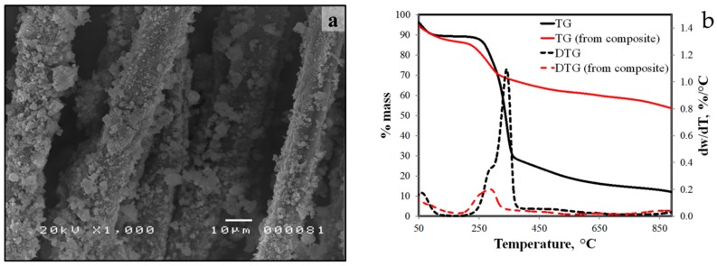 SEM image (a) and thermogram of untreated abaca fibers and treated abaca fibers (b) from the geopolymer composite.