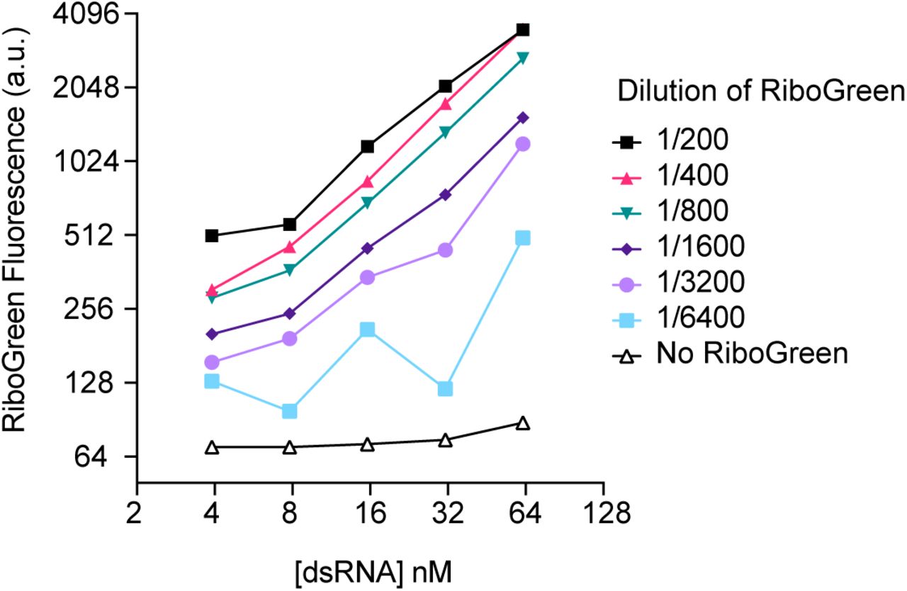 Titration of RiboGreenRiboGreen was diluted as indicated and then incubated with 4 to 64 nM unlabelled dsRNA substrate prior to fluorescence detection.