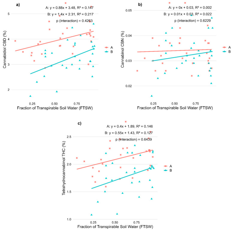 Effects of water availability (FTSW) during the flowering stage on cannabinoid concentrations in two CBD-dominant Cannabis sativa L. varieties. (a) Cannabidiol (CBD); (b) Cannabinol (CBN); and (c) Tetrahydrocannabinol (THC) content, expressed as a percentage of inflorescence dry weight. Regression lines illustrate the relationship between stress level (FTSW) and cannabinoid concentration for each variety (A, red squares: ‘Fenomoon’; B, blue triangles: ‘Harlequin’). p-values for the interaction term (Stress × Variety) are indicated in each plot.