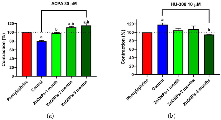 Effect of ZnONPs on aorta contractility. (a) Effect of ACPA (CB1 receptor agonist) on contraction in aortic rings in different experimental groups. (b) Effect of HU308 (CB2 receptor agonist) on contraction in aortic rings in different experimental groups. Blue bars correspond to the control non-treated group, green bars correspond to the ZnONPs treated-groups at different times; (a) there is a significant difference compared to the phenylephrine group with p < 0.05; (b) there is a significant difference compared to the control group with p < 0.05.