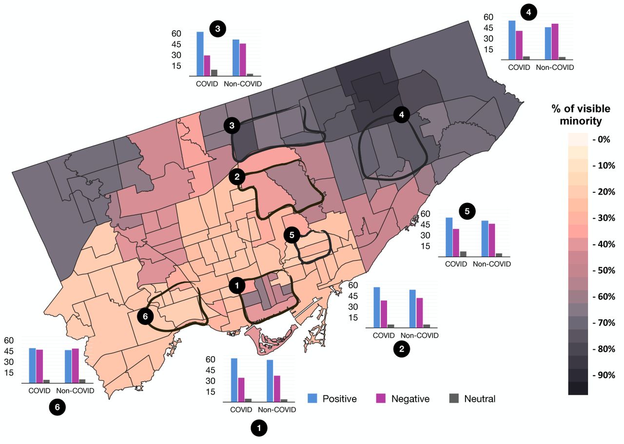 Visible minority demographics and hospital review sentiments in Toronto.A heatmap of visible minority percentages across Toronto’s six hospital regions, alongside bar charts depicting patient review sentiments. Regions 1-4 exhibit >40% visible minority populations, while regions 5-6 show <40%.