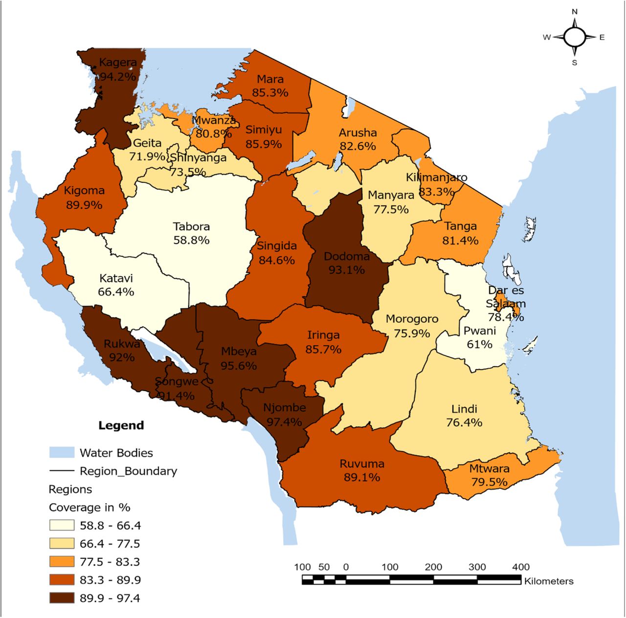 Map of MR vaccination rate among children aged 9–59 months across regions of Tanzania, MR survey 2024.