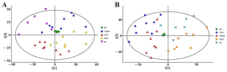 The PCA score plots of all samples from serum (A) and urine (B).