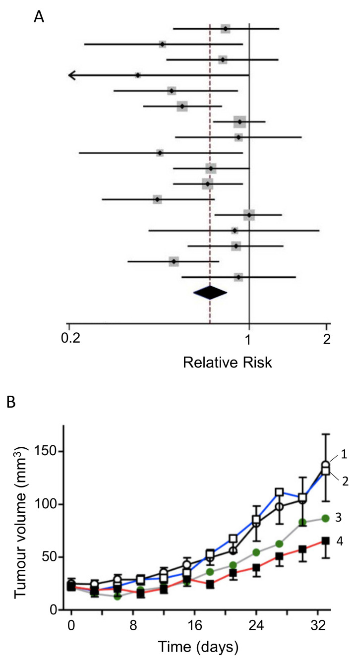 Effects of combining chemotherapy with a dietary compound: Vitamin C. (A) Forest plot comparing highest versus lowest categories of vitamin C intake and pancreatic cancer risk. Diamond indicates the average and the spread of the data and shows a beneficial effect of vitamin C intake. Modified from Fan et al. [200], where further details and primary data can be found. (B) Volume of Panc-1 xenograft tumors and the effects of gemcitabine treatment, with or without ascorbate. Data are expressed as the mean ± standard deviation (SD) of tumor volume. Curves indicate saline (1), gemcitabine (2), ascorbate (3), and gemcitabine + ascorbate (4). Combined treatment of gemcitabine and ascorbate decreased tumor volume by 52%, compared with only a 4% reduction in gemcitabine monotherapy. This difference was highly significant (p = 0.003). Modified from Espey et al. [203].