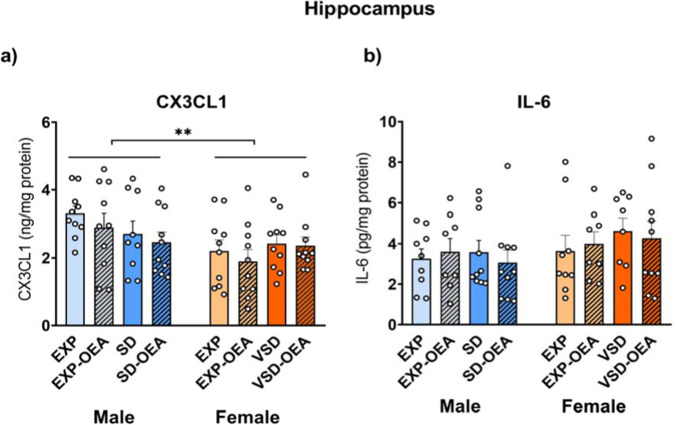 Effects of SD, VSD, and OEA treatment on IL-6 and CX3CL1 hippocampal levels. Bars represent the mean (± SEM) of the hippocampal levels (in pg/mg) of (a) the pro-inflammatory cytokine IL-6 and (b) chemokine CX3CL1 levels (in ng/mg). **p < 0.01, significant difference of male mice with respect to female mice