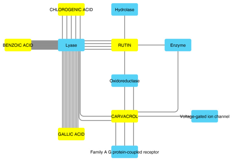 Components–Targets analysis. The predicted interactions between selected compounds and target protein classes are shown.