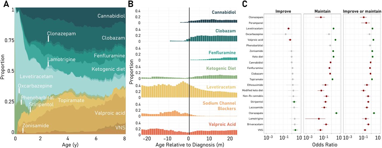 Medication landscape and response to treatment. (A) Anti-seizure therapies prescribed to individuals with predicted loss-of-function (pLoF) variants by age. Y-axis represents proportion of therapies used. X-axis represents age. (B) Proportion of individuals with pLoF variants on selected therapies before and after genetic diagnosis. Black vertical bar indicates the month of diagnosis. Y-axis represents the proportion of all active therapies, and x-axis represents age relative to month of genetic diagnosis. (C) Comparative efficacy of anti-seizure therapies at reducing seizure frequency (Improve), maintaining seizure freedom (Maintain), or both (Improve or maintain) in pLoF participants. Individual therapies are represented on the y-axis, and odds ratio is represented on the x-axis. Green circles represent an association with decreased seizure frequency or maintained seizure freedom (P < 0.05). Red circles represent an association with increased seizure frequency or failure to maintain seizure freedom (P < 0.05). Keto: ketogenic; non-Rx cannabis: cannabis obtained without medical prescription; VNS: vagus nerve stimulation.