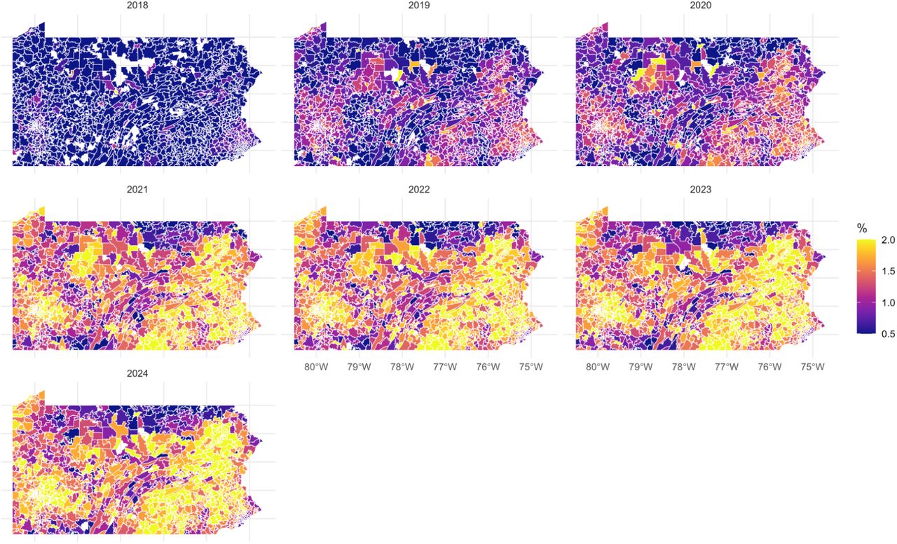 Heat map of the percent of adults in Pennsylvania with a Medical Cannabis certification for pain from 2018–2024 at the Zip Code Tabulation Area (ZCTA) level. Blank spaces indicate ZCTAs with no certifications.