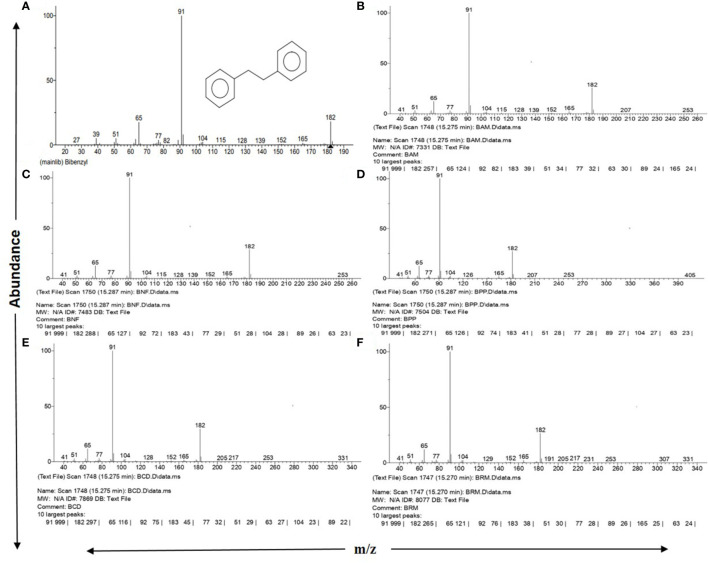 NIST 2.0 generated reports on GC-MS spectra matching with standard Bibenzyl. (A) Standard Bibenzyl from NIST mainlib., (B) Avicennia marina leaf extract, (C) Nypa fruticans leaf extract, (D) Phoenix paludosa leaf extract, (E) Ceriops decandra leaf extract, (F) Rhizophora sp. leaf extract. All showing 10 largest peaks according to NIST database along with 3 major diagnostic fragment peaks at m/z 65, 91 and 182 with respective abundances.