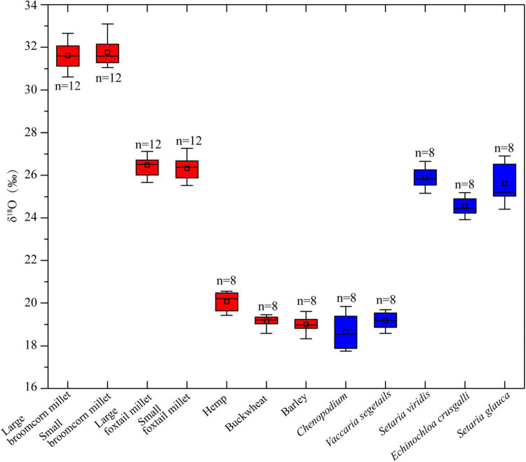 The box plot of oxygen isotopic values for plant remains from the Chashancun cemet.